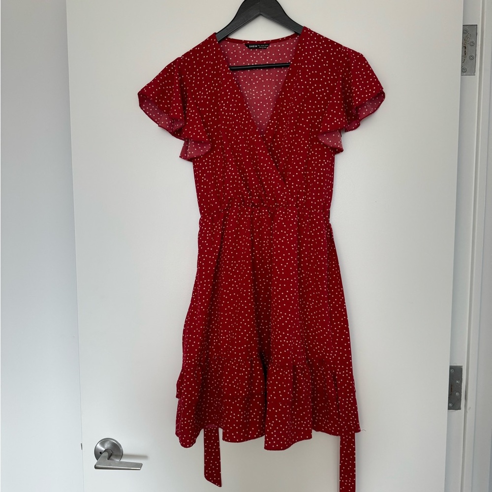 SHEIN Polka Dot V Neck Tie Waist Mini Dress